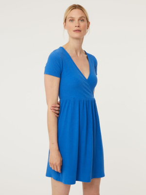 Blue Ribbed Wrap Front Jersey Dress ...